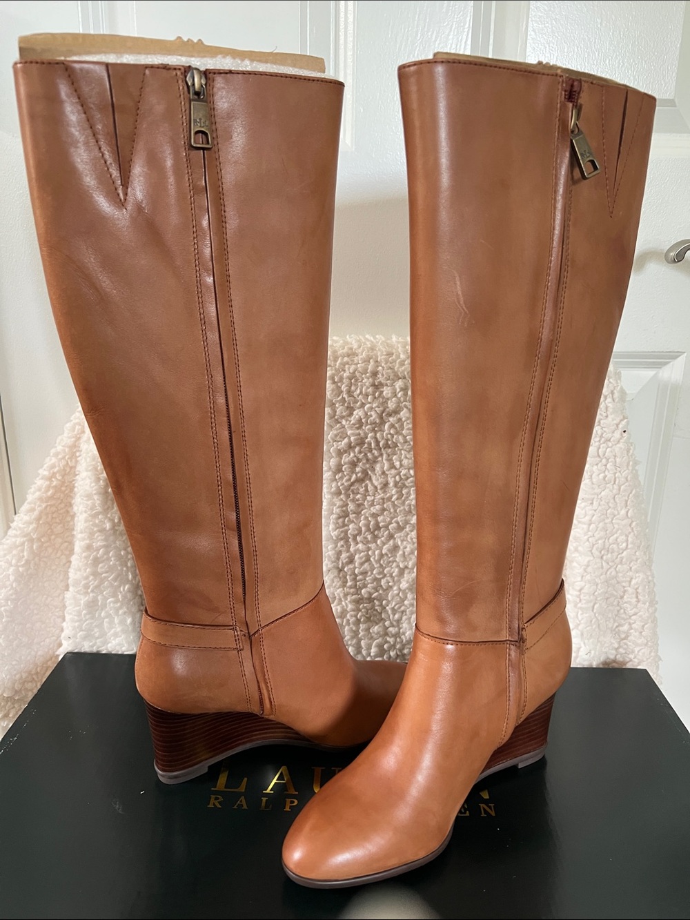 Lauren Ralph Lauren Cognac Leather Knee-High Wedge Boots - Size 7.5 (3” heel)